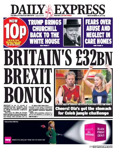 Daily Express (UK) Newspaper Front Page for 25 November 2016