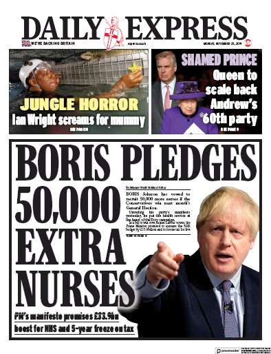 Daily Express (UK) Newspaper Front Page for 25 November 2019