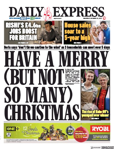 Daily Express Newspaper Front Page for 25 November 2020