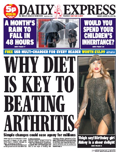 Daily Express (UK) Newspaper Front Page for 25 January 2016