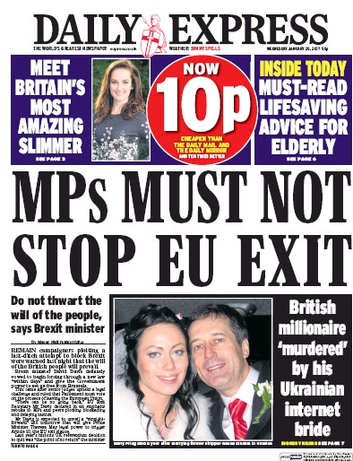 Daily Express Newspaper Front Page for 25 January 2017