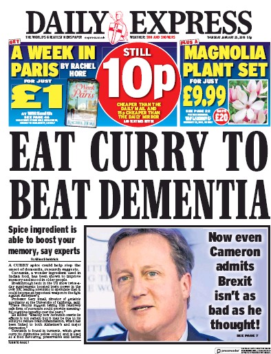 Daily Express (UK) Newspaper Front Page for 25 January 2018