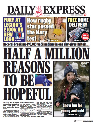 Daily Express Newspaper Front Page for 25 January 2021