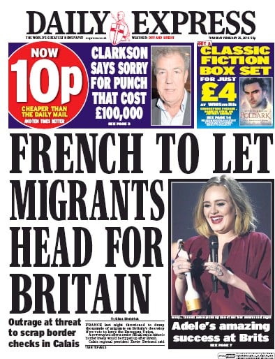 Daily Express Newspaper Front Page for 25 February 2016