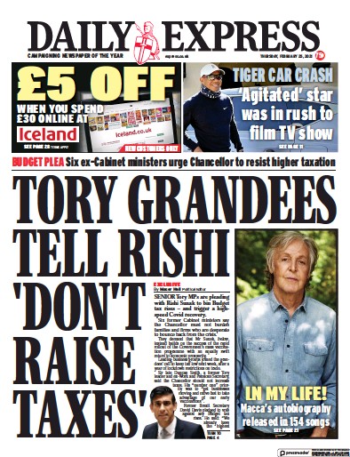 Daily Express Newspaper Front Page for 25 February 2021