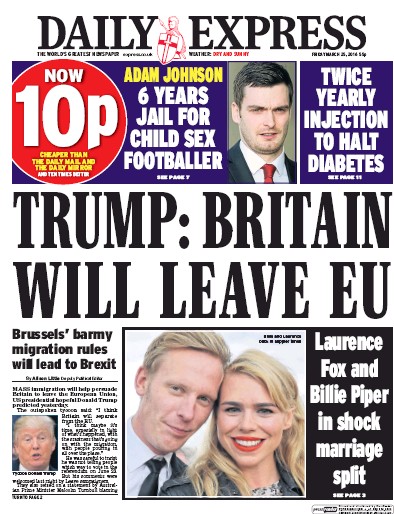 Daily Express Newspaper Front Page for 25 March 2016