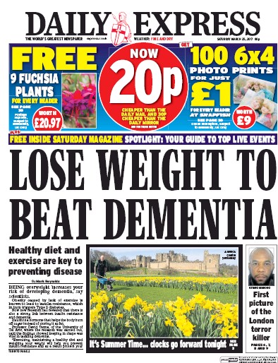 Daily Express Newspaper Front Page for 25 March 2017