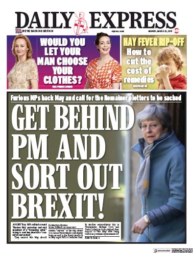 Daily Express Newspaper Front Page for 25 March 2019