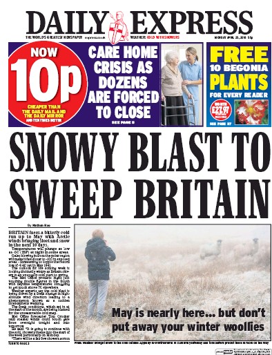 Daily Express Newspaper Front Page for 25 April 2016