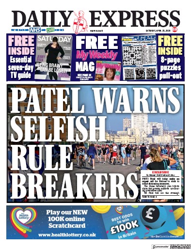 Daily Express Newspaper Front Page for 25 April 2020