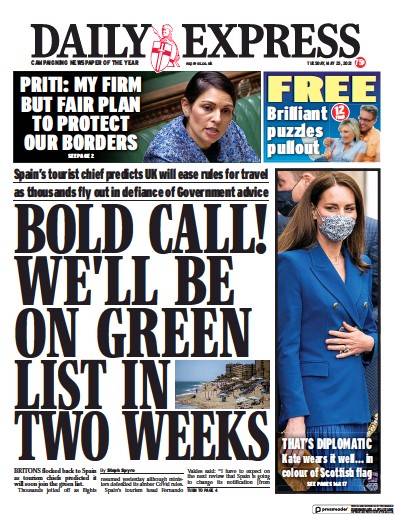 Daily Express Newspaper Front Page for 25 May 2021