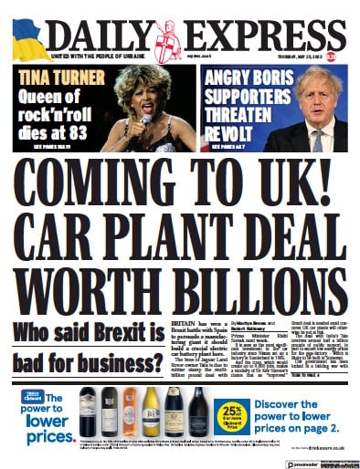 Daily Express (UK) Newspaper Front Page for 25 May 2023