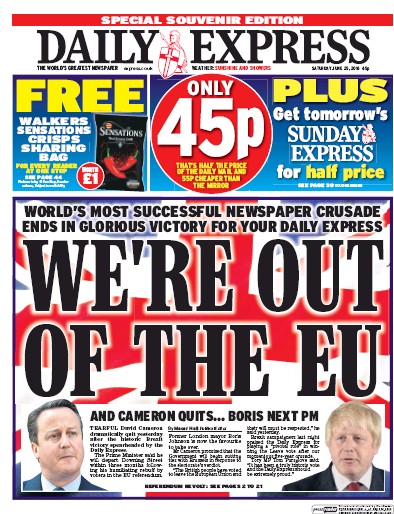 Daily Express Newspaper Front Page for 25 June 2016