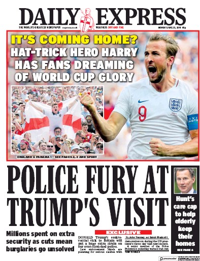 Daily Express Newspaper Front Page for 25 June 2018