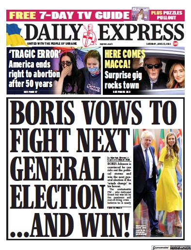 Daily Express (UK) Newspaper Front Page for 25 June 2022