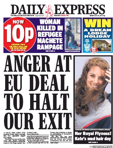 Daily Express Newspaper Front Page for 25 July 2016