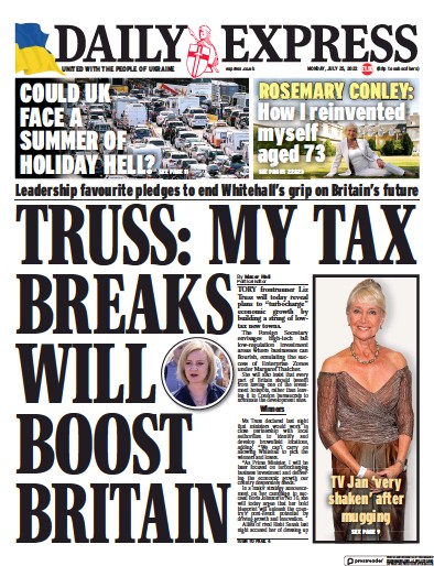 Daily Express (UK) Newspaper Front Page for 25 July 2022