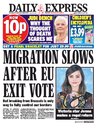 Daily Express (UK) Newspaper Front Page for 25 August 2017