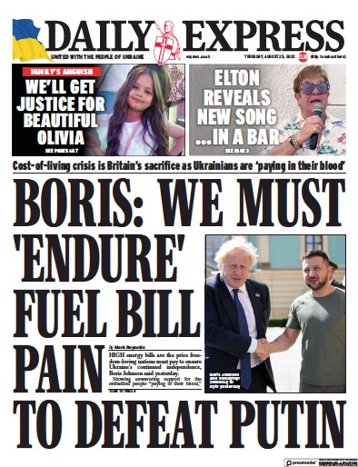 Daily Express (UK) Newspaper Front Page for 25 August 2022