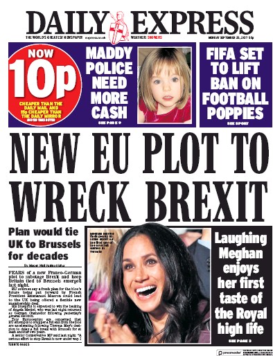 Daily Express Newspaper Front Page for 25 September 2017