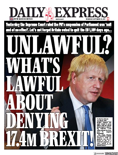 Daily Express Newspaper Front Page for 25 September 2019