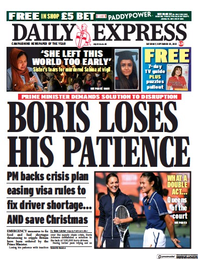 Daily Express (UK) Newspaper Front Page for 25 September 2021