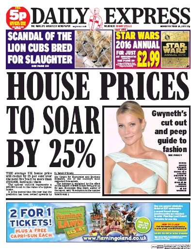 Daily Express Newspaper Front Page for 26 October 2015
