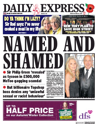 Daily Express Newspaper Front Page for 26 October 2018