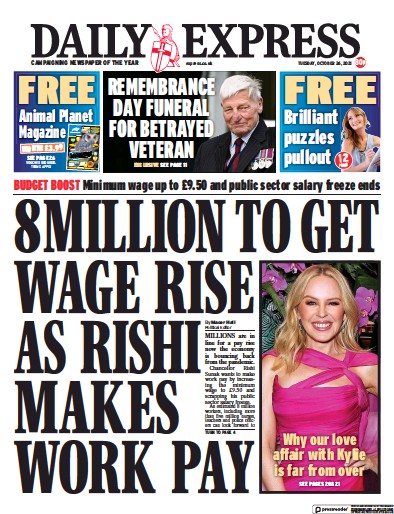 Daily Express (UK) Newspaper Front Page for 26 October 2021