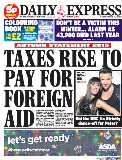 Daily Express Newspaper Front Page for 26 November 2015