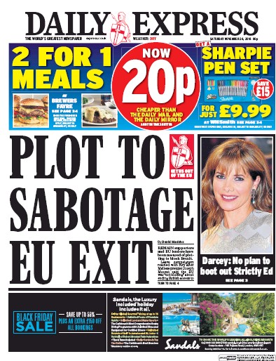 Daily Express Newspaper Front Page for 26 November 2016