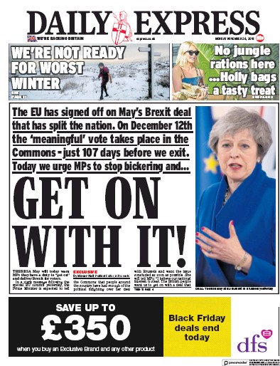 Daily Express Newspaper Front Page for 26 November 2018