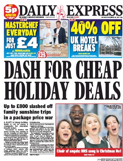 Daily Express Newspaper Front Page for 26 December 2015