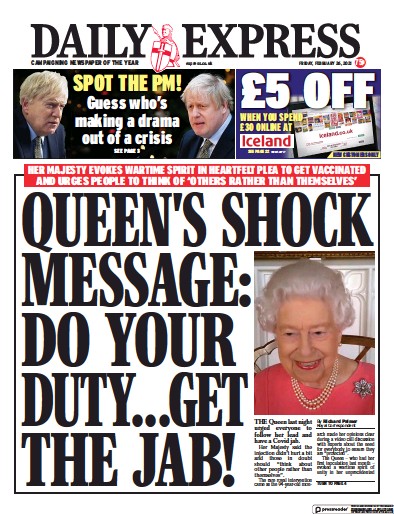 Daily Express Newspaper Front Page for 26 February 2021