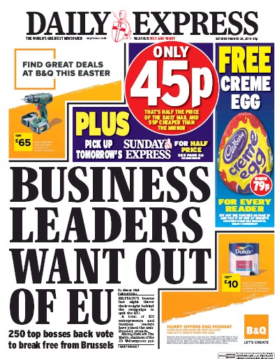 Daily Express Newspaper Front Page for 26 March 2016