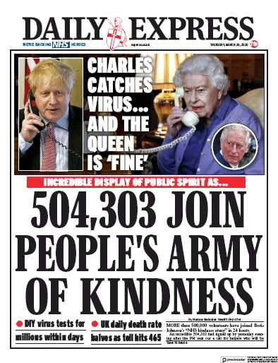 Daily Express Newspaper Front Page for 26 March 2020