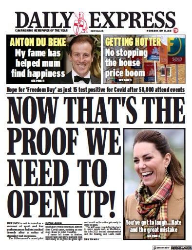 Daily Express Newspaper Front Page for 26 May 2021