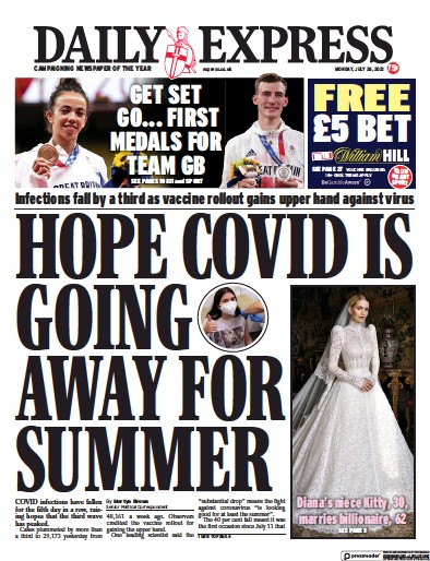 Daily Express (UK) Newspaper Front Page for 26 July 2021