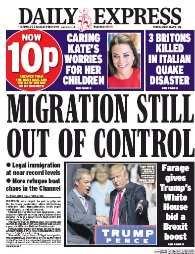 Daily Express Newspaper Front Page for 26 August 2016