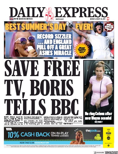 Daily Express (UK) Newspaper Front Page for 26 August 2019