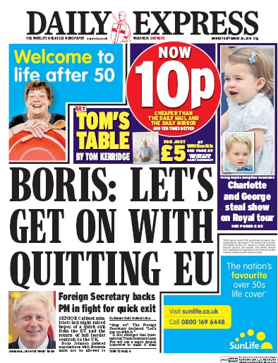 Daily Express Newspaper Front Page for 26 September 2016