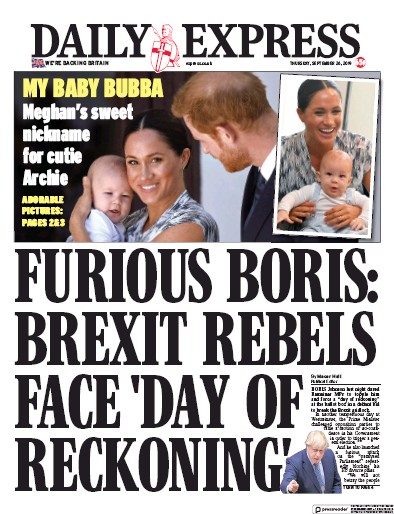 Daily Express Newspaper Front Page for 26 September 2019