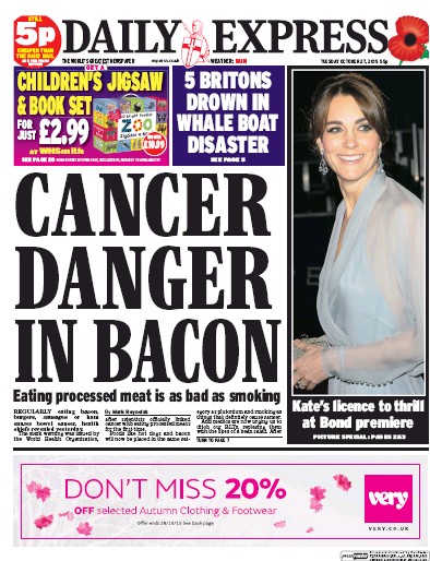 Daily Express Newspaper Front Page for 27 October 2015