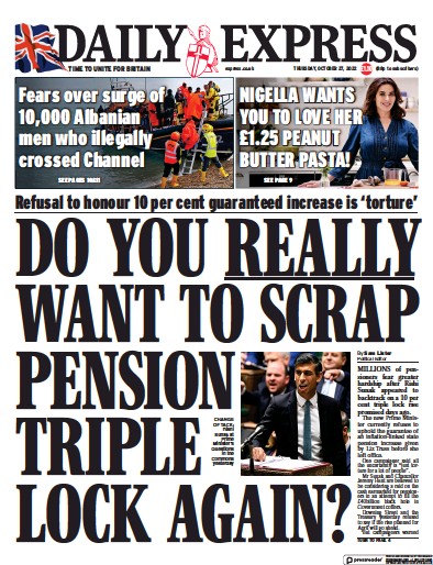 Daily Express (UK) Newspaper Front Page for 27 October 2022