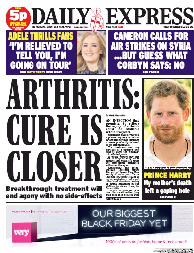 Daily Express Newspaper Front Page for 27 November 2015