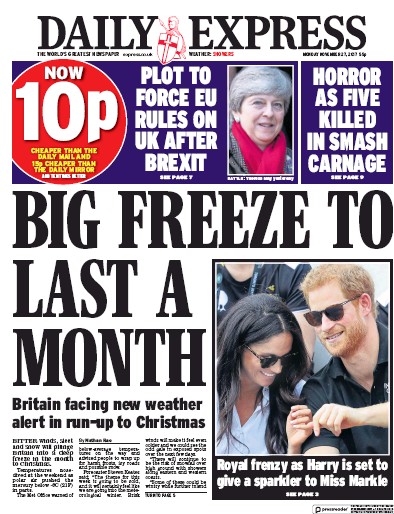 Daily Express Newspaper Front Page for 27 November 2017