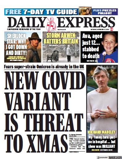 Daily Express (UK) Newspaper Front Page for 27 November 2021