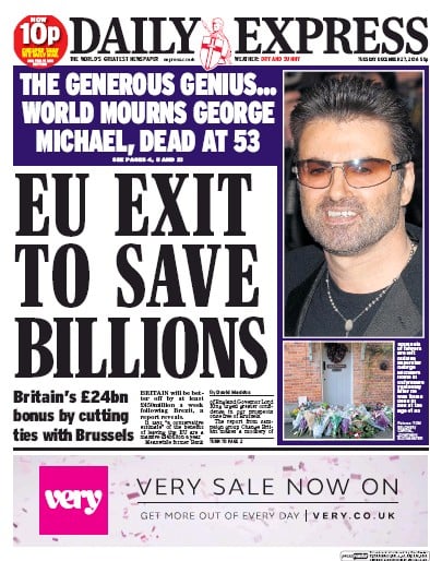 Daily Express (UK) Newspaper Front Page for 27 December 2016