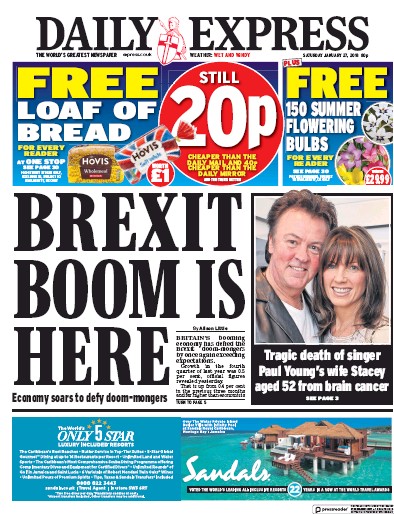 Daily Express Newspaper Front Page for 27 January 2018