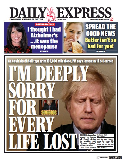 Daily Express Newspaper Front Page for 27 January 2021